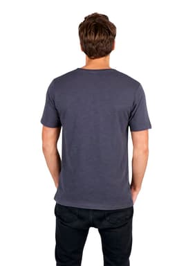 A unisex raw cotton V-neck T-shirt in dark grey, featuring a simple design and back view.