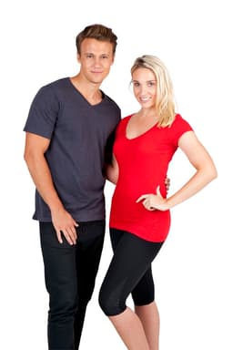 A grey men's V-neck T-shirt and a red unisex V-neck T-shirt displayed by a model duo. Both shirts feature a logo.
