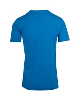 A blue men's/unisex raw cotton V-neck t-shirt with short sleeves, featuring a logo on the back.