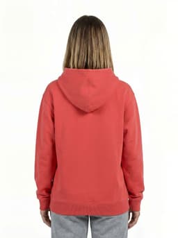 A red women's junior kangaroo pocket hoodie with a hood, viewed from the back. Features a logo.