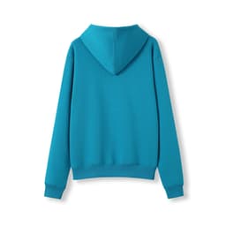 A turquoise women's juniors kangaroo pocket hoodie with a hood and long sleeves, featuring a simple design.