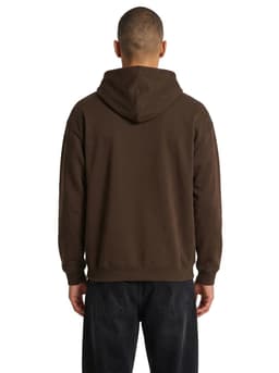 A brown men's kangaroo pocket hoodie is displayed from the back, featuring a hood and a simple design.