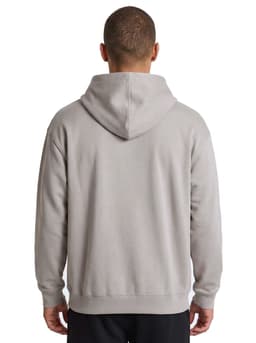 A grey men's hoodie featuring a kangaroo pocket and a hood at the back, with a logo on the garment.