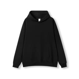 A black hoodie featuring a kangaroo pocket and a drawstring hood. The item has an unfinished interior.