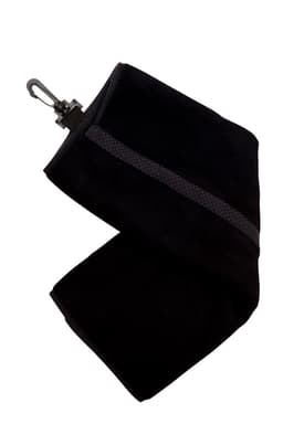 A black bamboo golf towel with a plastic hook and textured stripe detail. It features a logo without text.