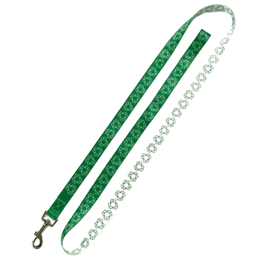 A green rPET dog leash featuring a patterned design with a silver clasp and a branding logo.