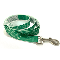 A green rPET dog leash featuring a recycling symbol pattern and a metal clip for attachment.