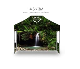 A promotional pop-up tent featuring a scenic waterfall design, measuring 3M x 4.5M, with a logo on one side.