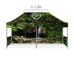 A 3M x 6M sustainable rPET pop-up tent featuring a nature-themed design with green foliage and a waterfall backdrop.