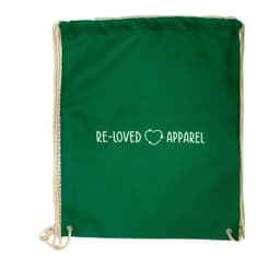 A green drawstring backpack with cream cords and a logo on the front.
