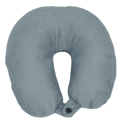 A grey travel pillow with a U-shape design, featuring a snap closure and a soft texture.