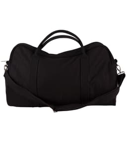 A black cotton canvas sports bag featuring dual handles and an adjustable shoulder strap. It has a logo on the front.