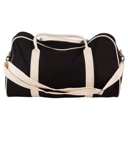 A black cotton canvas sports bag with cream handles and adjustable shoulder strap, featuring a logo.