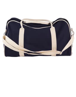 A navy cotton canvas duffle bag with cream-coloured straps and a logo.