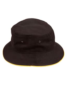 A black bucket hat with a contrast yellow brim and eyelets, featuring a logo.