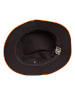 A black bucket hat with an orange contrast trim, featuring a branded tag inside.