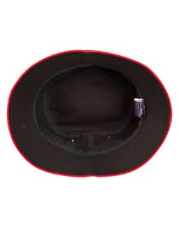 A black bucket hat with a red contrast trim, featuring an inner lining and a logo.