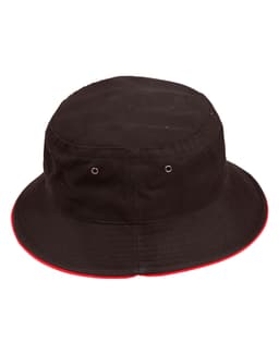 A black bucket hat with red contrast stitching, featuring ventilation grommets and a branded logo.