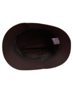 A brown bucket hat with a contrasting edge and a label inside. It features a wide brim.