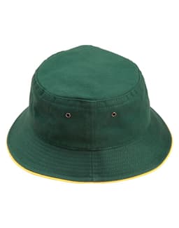 A green bucket hat with a contrast yellow trim and a logo on the side.