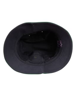 A black bucket hat with a contrasting brim, featuring an inner lining and a logo.