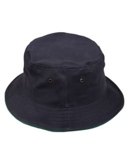 A navy bucket hat with a contrast trim, featuring metal eyelets for ventilation and a simple design.
