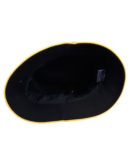 A black bucket hat with a contrasting yellow brim, featuring an inner lining and a logo.