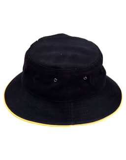 A black bucket hat featuring a contrasting yellow brim and eyelet details, with a logo on the side.