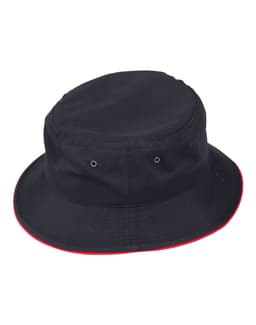 A black bucket hat featuring a contrasting red trim and ventilation eyelets. It has a logo on the side.