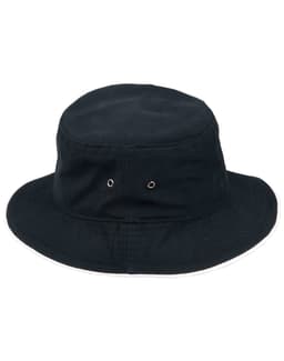 A black bucket hat with a contrasting white brim and metal eyelets for ventilation. It features a logo.