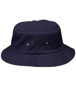 A navy blue bucket hat with a wide brim and two metallic vents on the sides. It has a simple design and a logo.