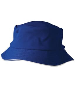 A blue pique mesh bucket hat with sandwich trim, featuring a logo. Ideal for sun protection and style.