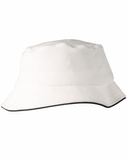 A white bucket hat with a textured pique mesh design and sandwich trim, featuring a logo.