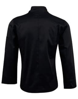 A long sleeve black chef's jacket with a high collar and a side pocket. It features a logo on one sleeve.