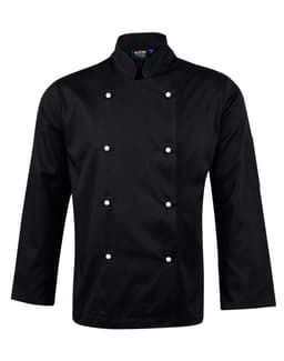 A black long sleeve chef's jacket featuring a double-breasted design and a side pocket, with a logo on the collar.