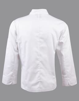 A white long sleeve chef's jacket featuring a simple design and a branded logo on the back.