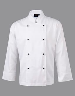 A white long sleeve chef's jacket featuring a double-breasted design and black buttons. It has a logo on the collar.