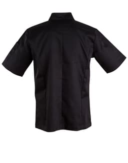 A black short-sleeve chef's jacket with a collar and a logo on the sleeve.