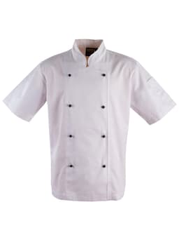 A short sleeve chef's jacket in white with black buttons and a logo on the chest.