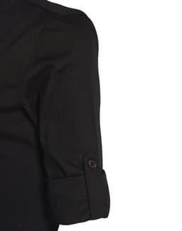 A black men's functional chef jacket features rolled sleeves and a button detail, with a pocket on the arm.