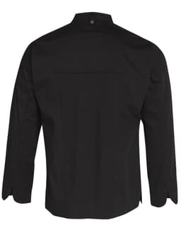A black men's functional chef jacket with long sleeves, featuring a streamlined back design and a logo.