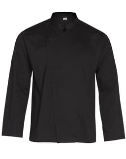A black men's functional chef jacket featuring a single-breasted design and long sleeves, with a logo on the arm.