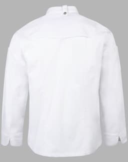 A white men's chef jacket featuring long sleeves and a back yoke design, with a logo on the sleeve.