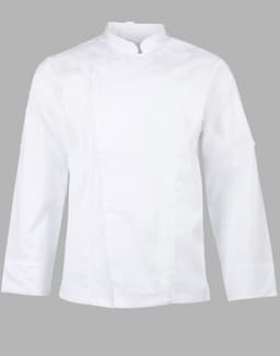 A white chef jacket with long sleeves and a mandarin collar, featuring a logo on one side.