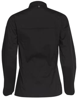 A black ladies' functional chef jacket featuring long sleeves and a button neck closure, with a back pocket and branding.