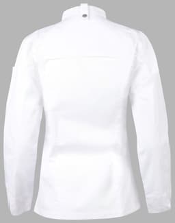 A white chef jacket featuring long sleeves and a button closure at the neck. Includes a branding logo on the sleeve.