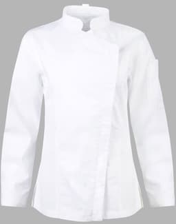 A white ladies' functional chef jacket with a mandarin collar and a sleeve pocket. Features include a stylish asymmetric design.