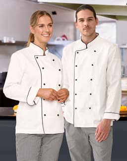 A unisex executive chef jacket in white with black trim, worn by a woman and a man in a kitchen setting.
