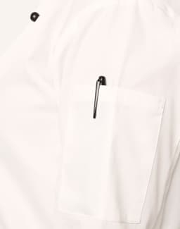 A white unisex executive chef jacket featuring a pen pocket and a logo on the sleeve.