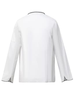 A unisex executive chef jacket in white, featuring contrasting black accents and long sleeves. The back view is displayed.